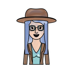 woman half body with hat and glasses and blouse with jacket and layered hair in colored crayon silhouette