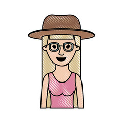 woman half body with hat and glasses and blouse sleeveless with long straight hair in colored crayon silhouette