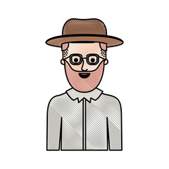 man half body with hat and glasses and shirt with short hair and beard in colored crayon silhouette