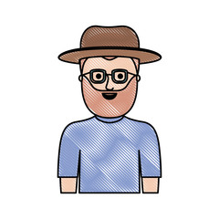 man half body with hat and glasses and t-shirt with full beard in colored crayon silhouette