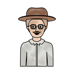 man half body with hat and glasses and shirt with short hair and moustache in colored crayon silhouette