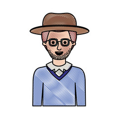 man half body with hat and glasses and sweater with stubble beard in colored crayon silhouette