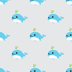 Cute Whales Seamless Pattern vector dolphin shark ocean wallpaper background cartoon grey