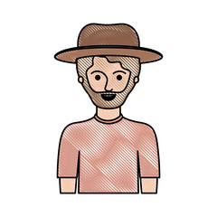 man half body with hat and t-shirt with short hair and beard in colored crayon silhouette