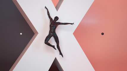 Abstract black plastic human dance body mannequin over big white X letter and black coral pastel background. Action jump and dance ballet pose. 3D rendering illustration