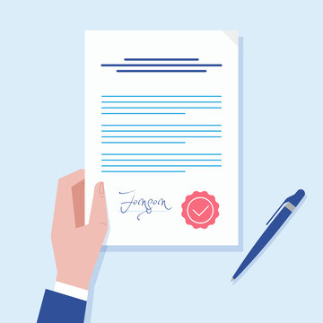 Business man hand holding contract agreement vector illustration