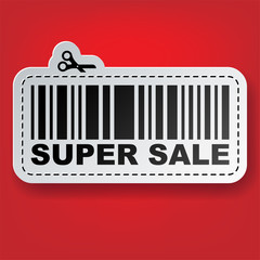 Sale tag sticker with barcode and scissors Vector illustration 