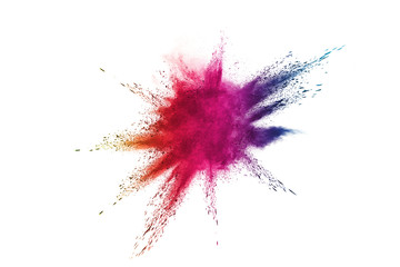 Freeze motion of colored powder explosions isolated on white background.