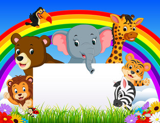 Obraz na płótnie Canvas cartoon animal with blanksign and rainbow