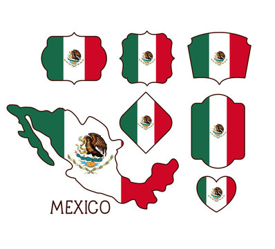mexico poster with map and insignia templates with mexican flags in colorful silhouette