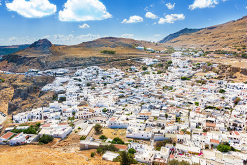 Colorful view of Lindos village and its traditional white architecture (Rhodes, Greece)