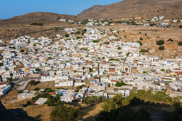 Colorful view of Lindos village and its traditional white architecture (Rhodes, Greece)