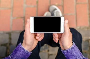 Close Up Smart Phone Mobile Hands Young Stylish Trendy Hipster Business Man Denim Ultra Violet Color Shirt Jeans