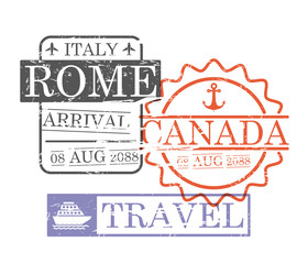 arrival ship travel stamps of rome and canada in colorful silhouette