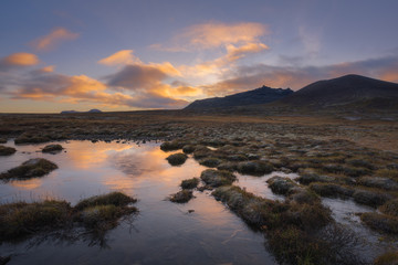 Sunrise reflection in icy water in Iceland 