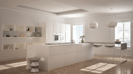 Fototapeta premium Modern kitchen furniture in classic room, old parquet, minimalist architecture, white interior design