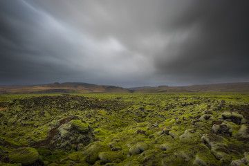Moving clouds over Icelandic Lava Field 