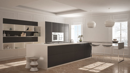 Modern kitchen furniture in classic room, old parquet, minimalist architecture, white and gray interior design