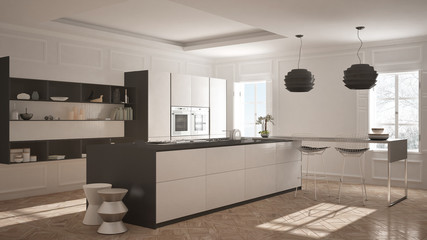 Modern kitchen furniture in classic room, old parquet, minimalist architecture, white and gray interior design