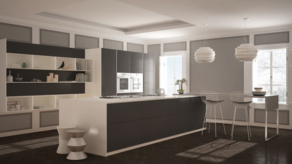 Modern kitchen furniture in classic room, old parquet, minimalist architecture, white and gray interior design