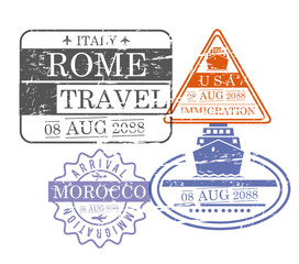 ship and airplane travel stamps of rome usa and morocco in colorful silhouette