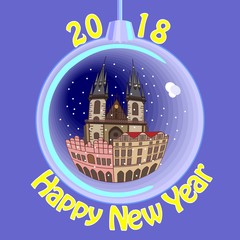 New Year’s Wish, with a Christmas ball, a church, and snow flakes