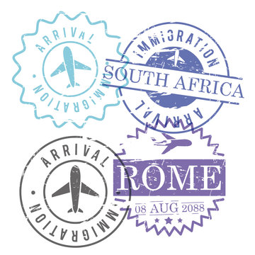 immigration and arrival travel circular stamps of rome and south africa in colorful silhouette
