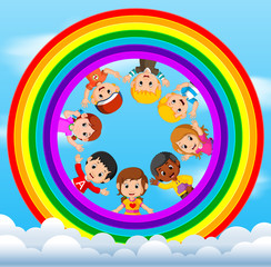 Happy children playing on the skies