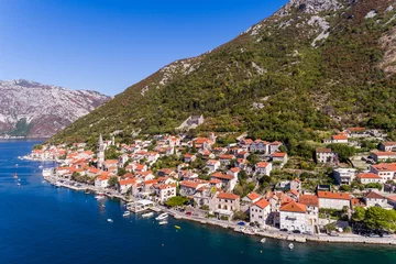  Aerial view of the Bay of Kotor and town of Perast, Montenegro © alexkazachok