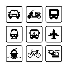 Black and white transportation icons. Vector illustration.
