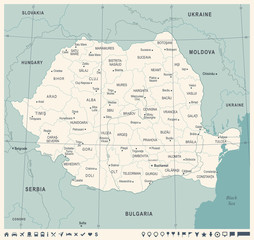 Romania Map - Vintage Detailed Vector Illustration