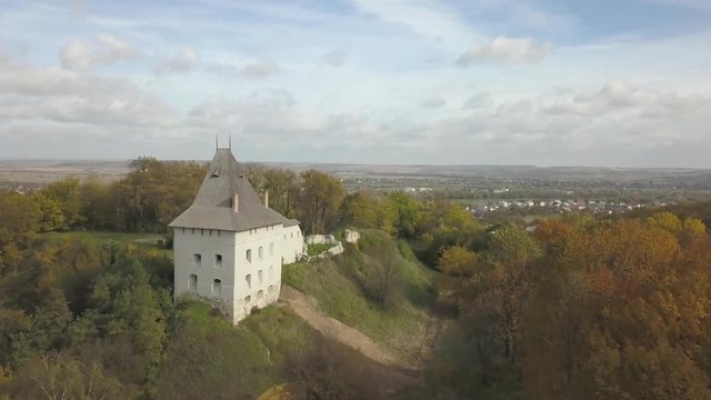 Aerial view to ancient castle in Galych at sunny day, Ivano-Frankivsk region, Ukraine