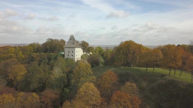 Aerial view to ancient castle in Galych at sunny day, Ivano-Frankivsk region, Ukraine