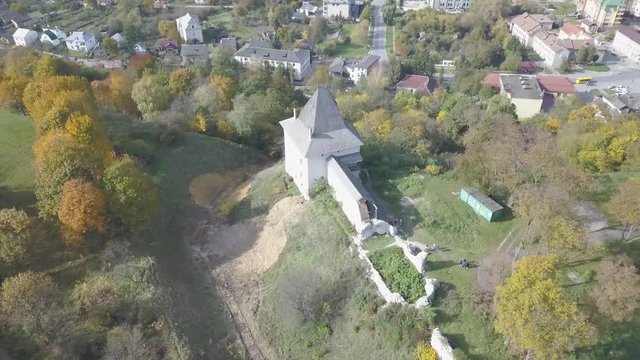 Aerial view to ancient castle in Galych at sunny day, Ivano-Frankivsk region, Ukraine