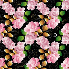 Floral 3d roses seamless pattern. Vector black background wallpaper illustration with vintage pink 3d roses flowers, gold green leaves, swirl lines, dots and flourish  line art tracery roses ornaments