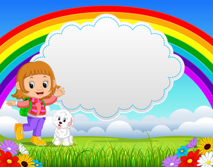 cute girl with dog in the park on rainbow day 