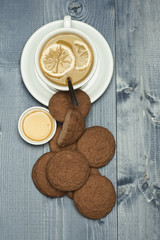 Nutrition and hot beverage concept. Oatmeal biscuits