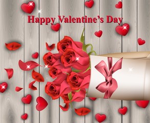 Happy Valentines Day Vector realistic card with Red hearts and roses