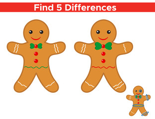 Educational game for children, find five differences. Funny Christmas gingerbread man. Vector illustration.