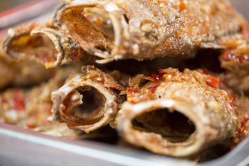 Bangkok Street Food: Deep Fried Fish With Spicy, Salty And Sour Tase for sell, Know as Pla Toad Sam Rod in Thai  Language.
