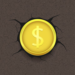 Golden dollar on cracked background