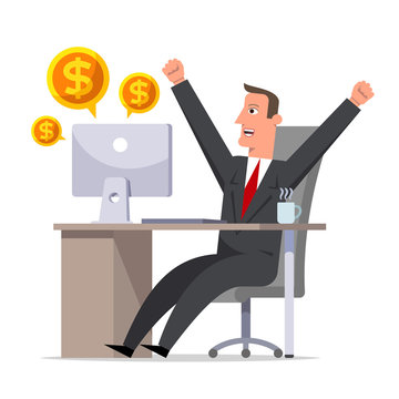 Happy businessman rejoices in the profit. Cartoon character sitting at a table and throwing up his arms in a joyful movement.
