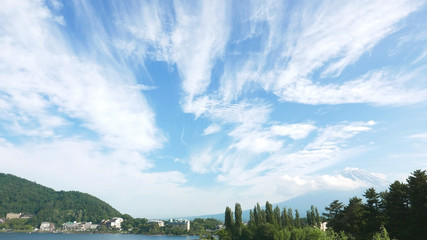 The Japan public park, lake and mountain fuji with snow peak