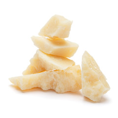 pieces of Parmesan cheese on white background