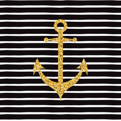 Vector hand drawn banner with gold sparkle anchor on striped seamless pattern