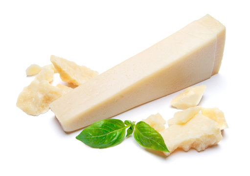 pieces of Parmesan cheese on white background