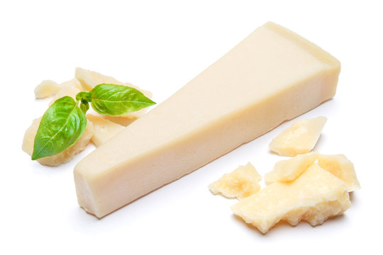 pieces of Parmesan cheese on white background