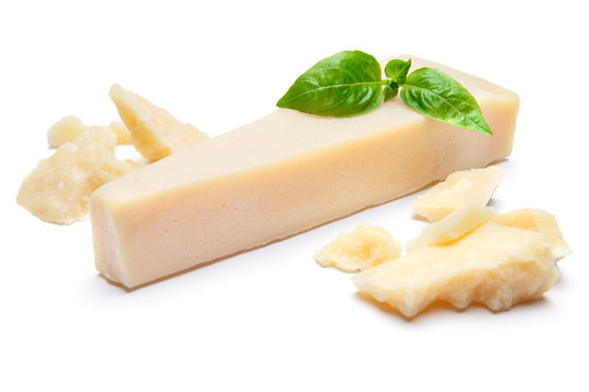 pieces of Parmesan cheese on white background