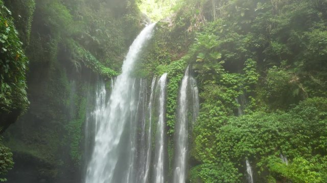 Sindang Gile beautiful huge Waterfall tourist attraction in Gunung Rinjani National Park, Senaru, Lombok Indonesia