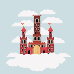 red castle of fairy tales in sky surrounded by clouds in colorful silhouette
